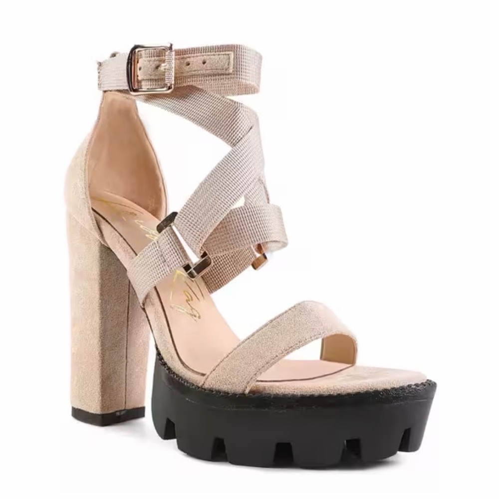 London Rag Beige Strappy Block Heels